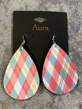 Aura Plaid Argyle Teardrop Earrings - Pink, Blue, White, Gold